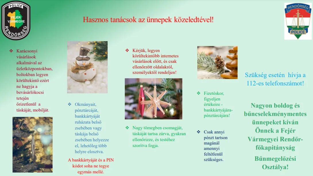 A Fejér Vármegyei Rendőr-főkapitányság felhívása az adventi időszakra
