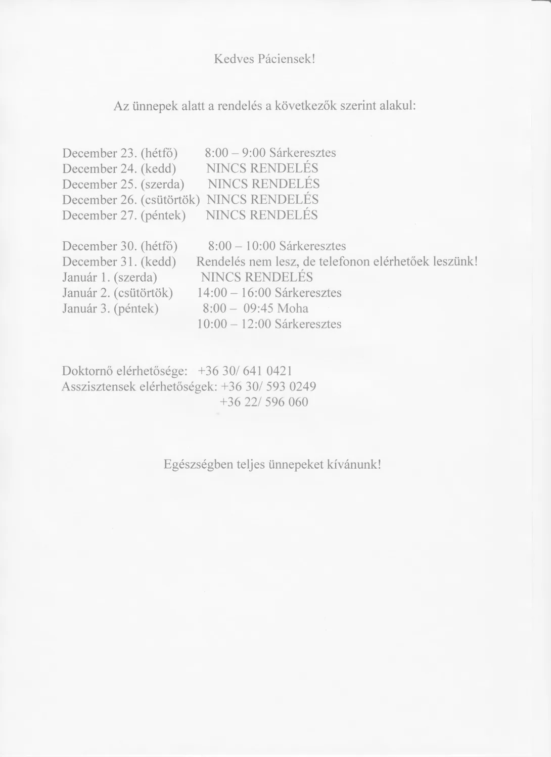 Felnőtt háziorvos rendelési idejének változása 2024.12.23- 2025.01.03.